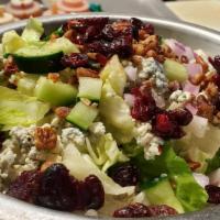 Side Salad · Candied pecans, bleu cheese crumbles, dried cranberries, onions, cucumbers, and your choice ...