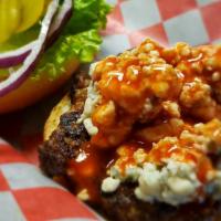 Black & Bleu Burger · Blackened burger topped with bleu cheese crumbles, spicy cajun wing sauce and chipotle mayo....