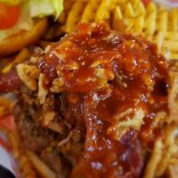 Country Bbq Burger · Topped with pulled pork, fried onions, bacon, cheese, lettuce, tomatoes, pickles. With our h...