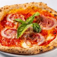 Pizza Carne · Tomato sauce, fresh basil, fresh mozzerella, spicy salami, proscuitto cotto, and pancetta.
