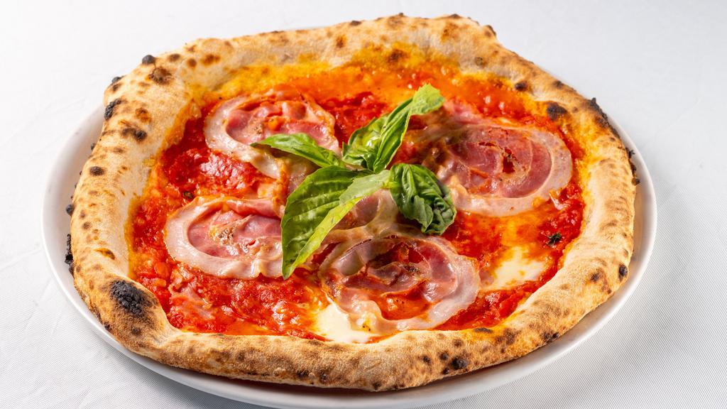 Pizza Carne · Tomato sauce, fresh basil, fresh mozzerella, spicy salami, proscuitto cotto, and pancetta.