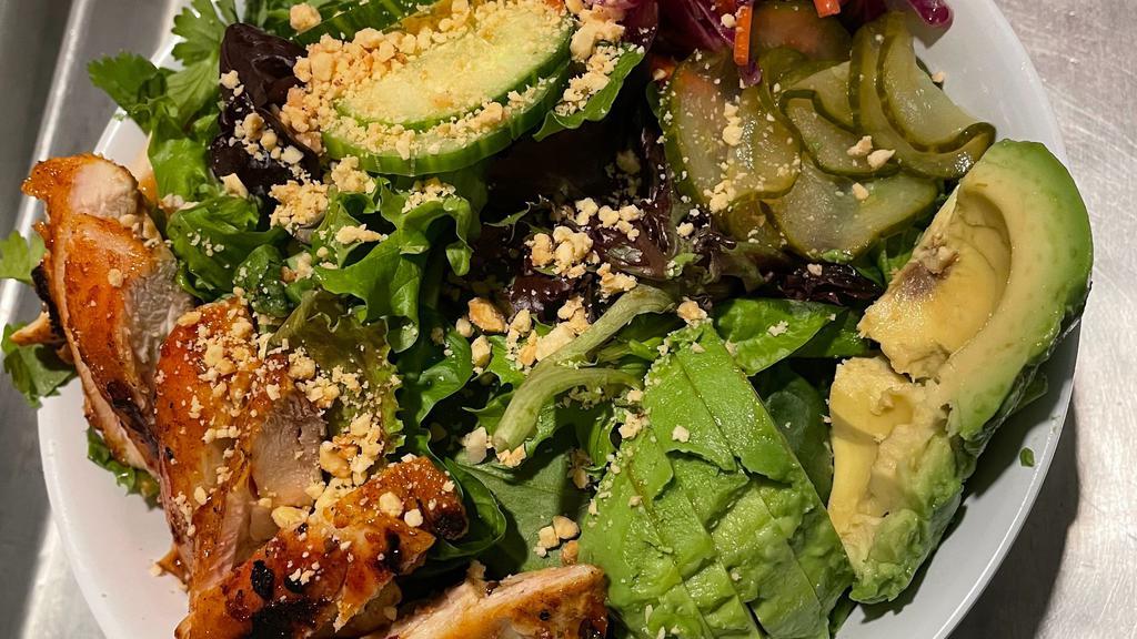 Pinch Chopped Salad (Half Or Full) · Mixed greens, avocado, fresh veggies, herbs and pickled delights topped with peanuts and thai vinaigrette. Choice of Chicken, Pork or Tofu.