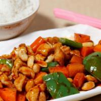 Kung Pao · Choice of meat stir-fried with bell peppers, carrots and peanuts.