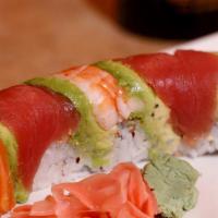 Rainbow Roll · California roll with tuna, fresh salmon, shrimp and avocado on top.