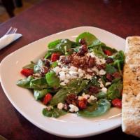 Spinach & Goat Cheese (Half) · Spinach, goat cheese, crimini mushrooms, bacon, caramelized onions, grape tomatoes, glazed p...