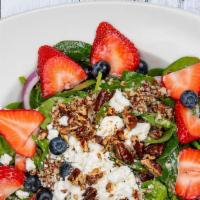 Very Berry (Half) · Spinach, red onion, blueberries, strawberries, candied pecans, quinoa, goat cheese and house...