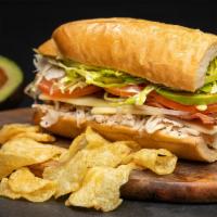 Turkey Bacon Avocado (Full) · With chips. Roasted turkey, bacon, avocado, mayo, lettuce, tomato, onions, provolone, red wi...