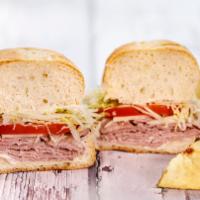 Roast Beef & Provolone (Full) · With chips. Roasted beef, provolone, lettuce, tomato, onion, mayo, red wine vingar & olive o...