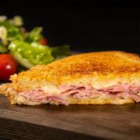 Black Forest Ham & Cheese (Half) · With soup or salad.  Black forest ham, fresh mozzarella, provolone, asiago.
