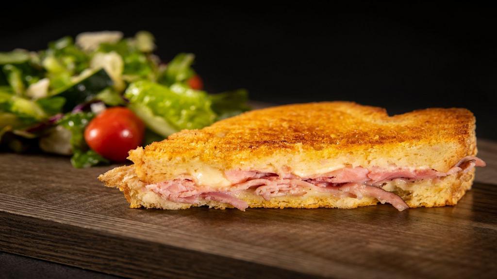 Black Forest Ham & Cheese (Half) · With soup or salad. Black forest ham, fresh mozzarella, provolone, asiago.