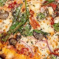 Veggie · Red sauce, red peppers, spinach, red onions, crimini mushrooms, goat cheese spin blend cheese.