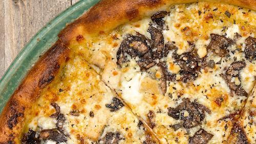 Chicken & Goat Cheese · Herbed olive oil glaze, roasted chicken, goat cheese, crimini mushrooms, caramelized onions, spin! blend cheese.