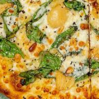 Spinach & Garlic · Herbed olive oil glaze, spinach, roasted garlic, toasted pine nuts, spin! blend cheese.