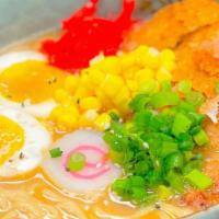 Miso Ramen · Miso chicken broth, chicken katsu, fishcake, green onion, corn, egg.