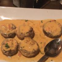 Stuffed Mushrooms · 5 Count. Stuffed with crab meat and served with pink sauce.