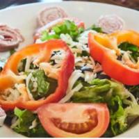 Chef Salad · Black olives, tomatoes, red peppers, ham, salami, cheese your choice dressing (on the side):...