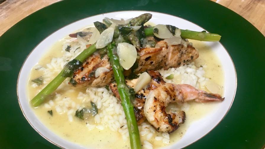 Salmon Scarpiello W/ Shrimp · Served over Risotto, in a  garlic lemon butter sauce topped with asparagus and shrimp.
Includes salad and two garlic rolls.