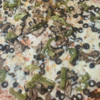Vegetable Pizza · Black olives, onions, green peppers, and mushrooms.