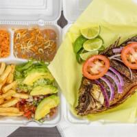 Mojarra Frita Plate · Fried tilapia fish Served with lettuce,pico de gallo, rice, beans and side of fries.