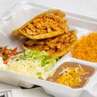 Gordita Plate · Two gorditas with your choice of meat served with rice, beans, lettuce cheese, pico de gallo...