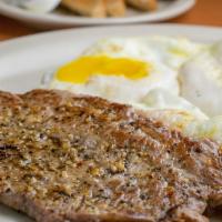 Steak & Eggs · Six oz. sirloin, two eggs any style, home fries and your choice of white or wheat toast or a...