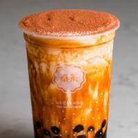 Creme Brulee Dirty Boba · Caffeine free.  A creamy treat filled with brown sugar boba, topped with sugar-torched chees...
