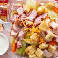 House Salad · Honey bee ham and turkey, lettuce, cucumbers, carrots, tomatoes, celery, cheese and croutons.
