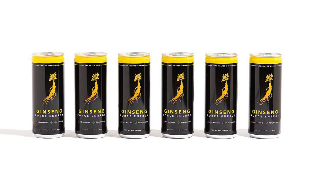 Ginseng Force Energy 8 Oz Can - 6 Pack · Save 10% with a 6 Pack! 
Awaken your senses and enliven your day without the negative side effects or addictive qualities of caffeine. Ginseng Force Energy offers a revitalizing mind and body energy boost that we carefully extract from pure Korean red ginseng aged for six years.

Each can contains 8 fl. oz. of Ginseng Force Energy drink, enough to keep you awakened and mindful through your longest days and toughest challenges.