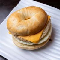 Sausage, Egg, And Cheese Bagel · Pork Sausage, Fried Egg Patty, and American Cheese on a Bagel.