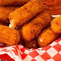 Spicy Fried Mozzarella · New. Pepper Jack Mozzarella cheese sticks rolled in red pepper bread crumbs, cooked to a gol...