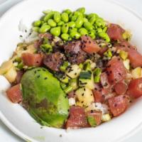 Classic Tuna Bowl · Ahi tuna, green and sweet onions, cucumber, black sesame, hijiki seaweed, edamame, classic s...