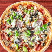 Large Special · Sausage, pepperoni, Canadian bacon, hamburger, black olives, onions, mushroom, green pepper.