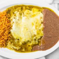 Enchiladas Suizas · Three chicken and Mexican cream enchiladas, topped with our green salsa and mozzarella chees...
