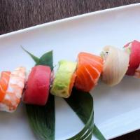 Rainbow Roll · California roll topped with  tuna, salmon, white fish, shrimp and avocado