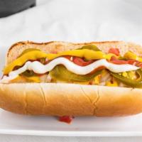 Hot Dogs · Sausage with bacon, mayonnaise, mustard, ketchup, onion, tomato and jalapeno.