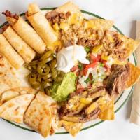 Juarez Appetizer · (3) Ground beef nachos (3) beef fajita nachos, (2) chicken quesadillas, (2) shredded chicken...