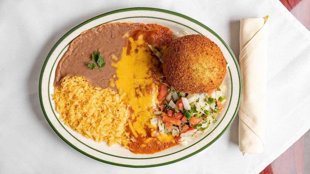 Stuffed Avocado · A Stuffed Avocado filled with Monterey Jack Cheese and your choice of Chicken Fajita, Beef Fajita or Shrimp served with a cheese enchilada, pico de Gallo, rice and beans.