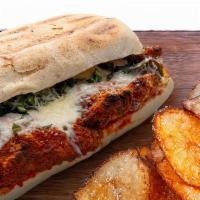 Chicken Parm Sandwich · Fried chicken scallopine, melted mozzarella, parmesan, fresh marinara and basil. Contains: a...