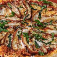 The Chicken Capulet · Pizza sauce, shredded mozzarella, provolone, fried chicken, grated parmesan and basil.. Cont...