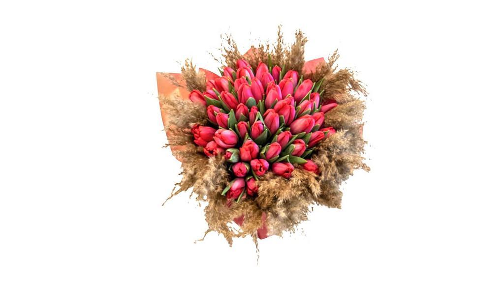Deluxe Bouquet Tulips & Pampas · Tulips and Pampas colors may differ based on abvailability, Pampas comes in Natural, Red, Deep Pink, Pink and Purple colors. Base price is for 30 Tulips, picture shows 50.. you can purchase more in add on menu.