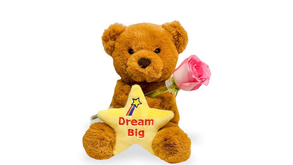 Grad Teddy Bear Holding A Rose · Deluxe Grad Teddy Bear holding a Rose, rose color varies based on availability, rose is placed in a water tube.