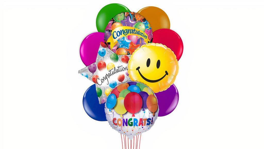 Congrats Balloon Bouquet · Includes 4 Mylar balloons 18” and 6 latex balloons 12”
Balloons may differ based on inventory. Please specify colors in special instructions