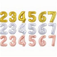 # Number Balloons · 34 inch Mylar number balloons come in Silver, Gold or Rosegold color