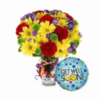Get Well Deluxe Bouquet In A Vase With Balloon · Get Well Deluxe bouquet in a vase with balloon.
Colors and balloon may vary based on availab...