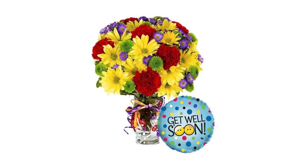 Get Well Deluxe Bouquet In A Vase With Balloon · Get Well Deluxe bouquet in a vase with balloon.
Colors and balloon may vary based on availability