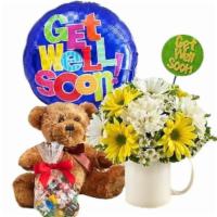 Get Well Soon · Get Well mug bouquet with teddy bear and candies
Colors and balloon may vary based on availa...