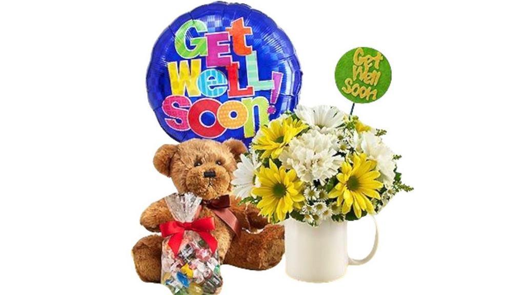 Get Well Soon · Get Well mug bouquet with teddy bear and candies
Colors and balloon may vary based on availability