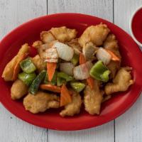 Sweet And Sour Chicken · Deep fried white chicken meat with carrot, white onion, and bell pepper