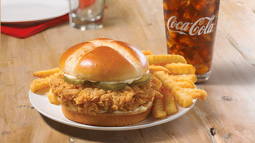 Original Chicken Sandwich Combo · Taste our legendary hand-battered chicken, topped with a signature honey-butter brushed brioche bun with bacon, mayo and pickles. Served with regular side and your choice of a regular or large drink.
