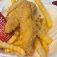 Kid'S Chicken Strips And Fries · Kids chicken strips and fries. Description: Breaded Chicken Strips and Fries served with you...